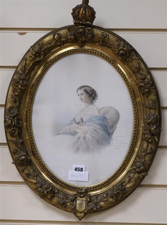 French Royal Interest- coloured lithograph portrait of Empress Eugenie in a gilt frame 34 x 26cm.